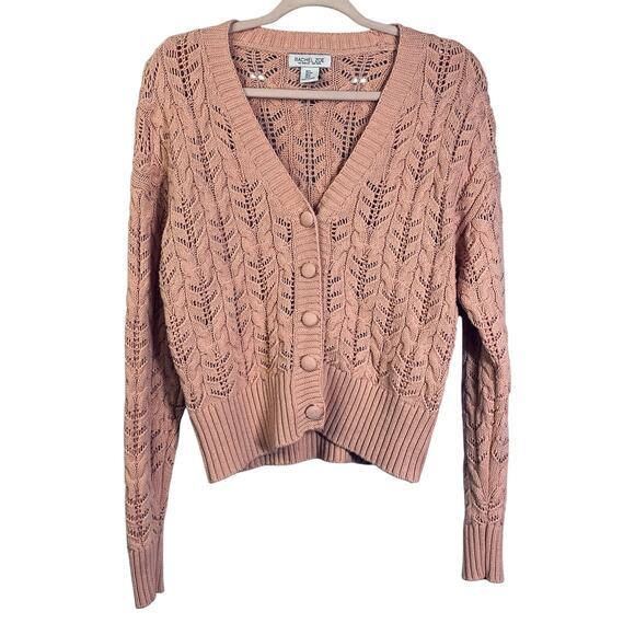 RACHEL ZOE Cardigan Sweater V-Neck Knit Crocheted 3 Button Pale Pink Ribbed Cuff - Picture 1 of 12